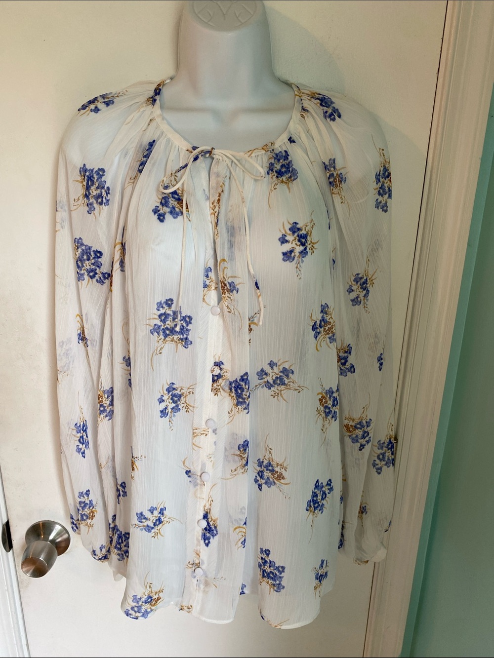 Industry Floral sheer Tie-Neck Peasant Blouse NWT